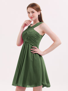 Cross Front Empire Waist Short Bridesmaid Dress Olive Green