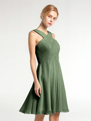 Cross Front Empire Waist Short Bridesmaid Dress Olive Green Plus Size