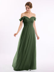 Off the Shoulder Sweetheart Neck Tulle Dress Olive Green