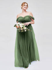 Off the Shoulder Sweetheart Neck Tulle Dress Olive Green
