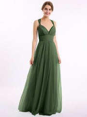 Convertible Back Floor Length Tulle Dresses Olive Green