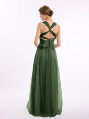 Convertible Back Floor Length Tulle Dresses Olive Green