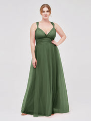 Convertible Back Floor Length Tulle Dresses Olive Green