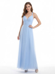 Convertible Back Floor Length Tulle Dresses Sky Blue