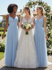 Convertible Back Floor Length Tulle Dresses Sky Blue