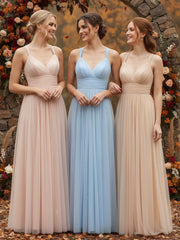Convertible Back Floor Length Tulle Dresses Sky Blue