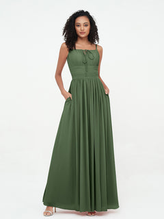 Square Neck Chiffon Max Dresses with Pockets Olive Green