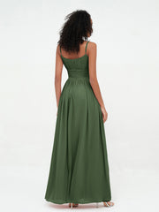 Square Neck Chiffon Max Dresses with Pockets Olive Green