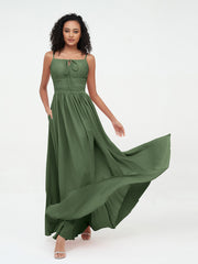 Square Neck Chiffon Max Dresses with Pockets Olive Green