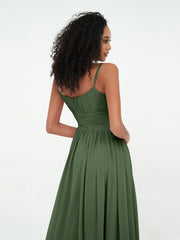 Square Neck Chiffon Max Dresses with Pockets Olive Green