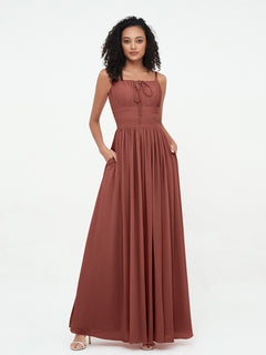 Square Neck Chiffon Max Dresses with Pockets Terracotta