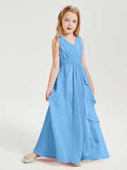 Boho Long Chiffon Bridesmaid Dresses Cascading Skirt Blue