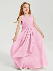 Boho Long Chiffon Bridesmaid Dresses Cascading Skirt Candy Pink
