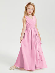Boho Long Chiffon Bridesmaid Dresses Cascading Skirt Candy Pink