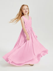 Boho Long Chiffon Bridesmaid Dresses Cascading Skirt Candy Pink