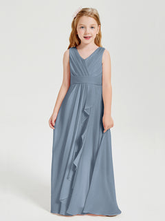 Boho Long Chiffon Bridesmaid Dresses Cascading Skirt Dusty Blue