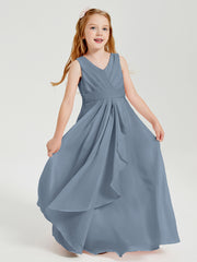 Boho Long Chiffon Bridesmaid Dresses Cascading Skirt Dusty Blue