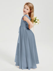Boho Long Chiffon Bridesmaid Dresses Cascading Skirt Dusty Blue