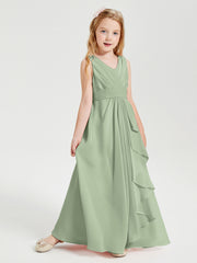 Boho Long Chiffon Bridesmaid Dresses Cascading Skirt Dusty Sage