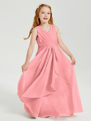 Boho Long Chiffon Bridesmaid Dresses Cascading Skirt Flamingo