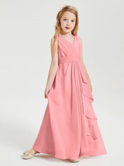 Boho Long Chiffon Bridesmaid Dresses Cascading Skirt Flamingo
