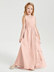 Boho Long Chiffon Bridesmaid Dresses Cascading Skirt Pearl Pink