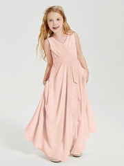 Boho Long Chiffon Bridesmaid Dresses Cascading Skirt Pearl Pink