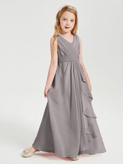 Boho Long Chiffon Bridesmaid Dresses Cascading Skirt Silver