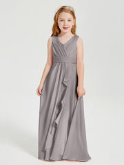 Boho Long Chiffon Bridesmaid Dresses Cascading Skirt Silver