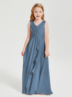 Boho Long Chiffon Bridesmaid Dresses Cascading Skirt Slate Blue