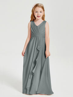 Boho Long Chiffon Bridesmaid Dresses Cascading Skirt Steel Grey