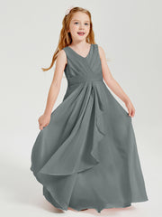 Boho Long Chiffon Bridesmaid Dresses Cascading Skirt Steel Grey