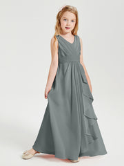 Boho Long Chiffon Bridesmaid Dresses Cascading Skirt Steel Grey