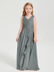 Boho Long Chiffon Bridesmaid Dresses Cascading Skirt Steel Grey