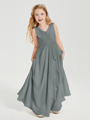 Boho Long Chiffon Bridesmaid Dresses Cascading Skirt Steel Grey