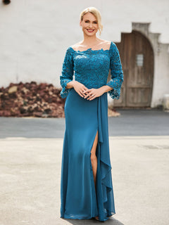 Off-the-Shoulder Lace Top Chiffon Dress Peacock