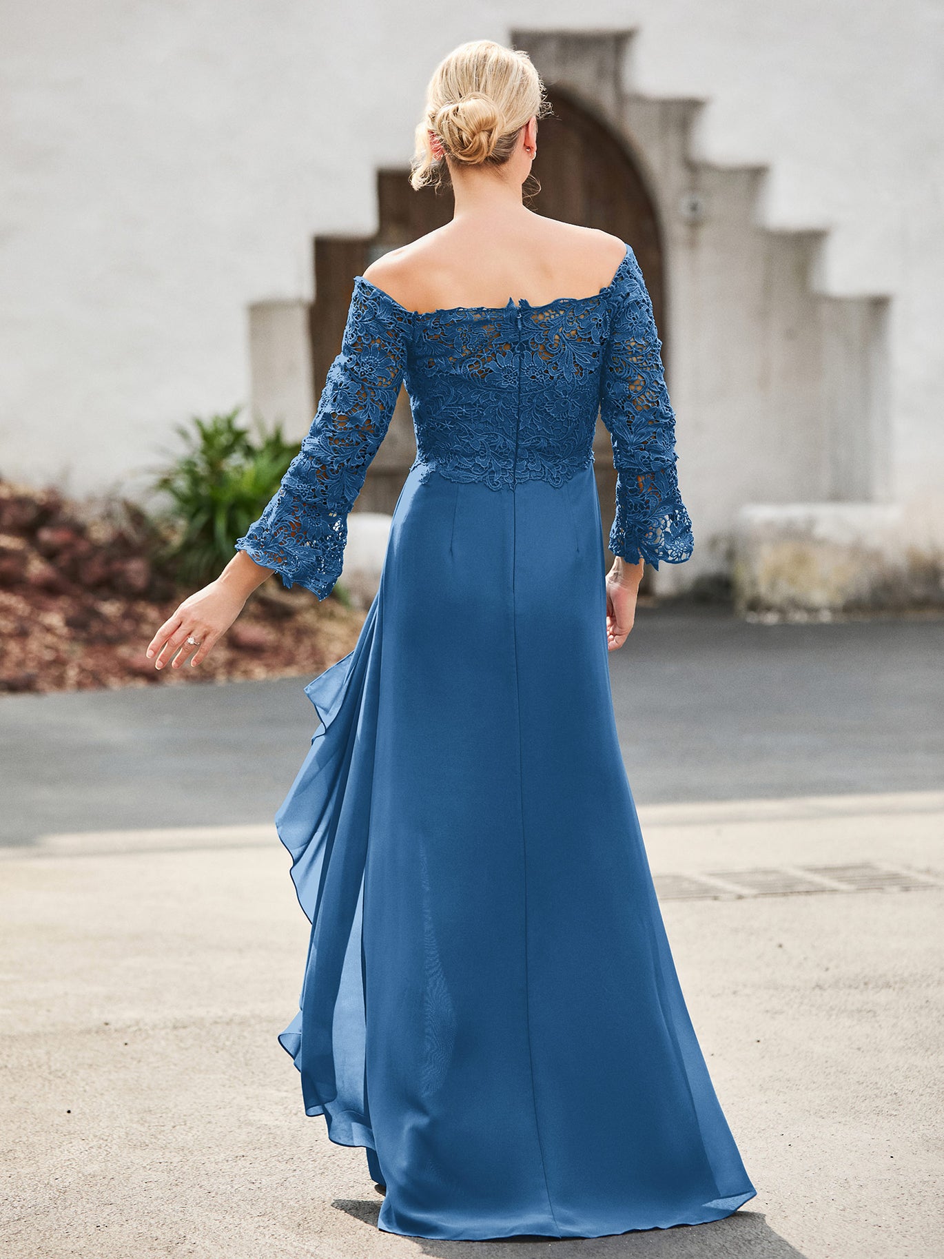 BABARONI Lace and Chiffon Mother of the Bride Dress with Off-the-Shoulder and Square Neck