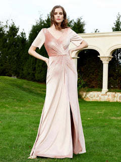 Half Sleeves Velvet Gown with Slit Pearl Pink Plus Size