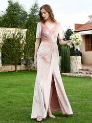 Half Sleeves Velvet Gown with Slit Pearl Pink