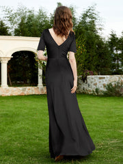 Half Sleeves Velvet Gown with Slit Black