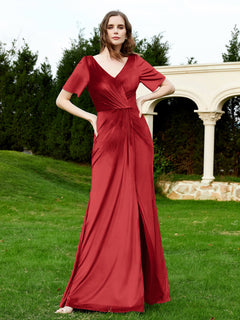 Half Sleeves Velvet Gown with Slit Burgundy