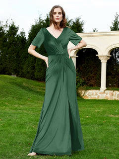 Half Sleeves Velvet Gown with Slit Dark Green