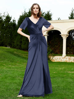 Half Sleeves Velvet Gown with Slit Dark Navy