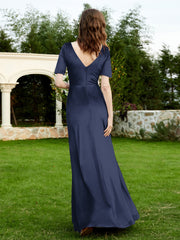 Half Sleeves Velvet Gown with Slit Dark Navy