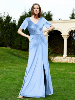 Half Sleeves Velvet Gown with Slit Dusty Blue Plus Size