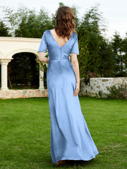 Half Sleeves Velvet Gown with Slit Dusty Blue