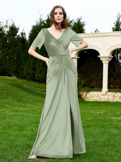 Half Sleeves Velvet Gown with Slit Dusty Sage