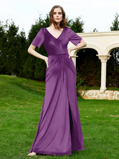 Half Sleeves Velvet Gown with Slit Grape