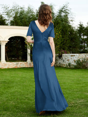 Half Sleeves Velvet Gown with Slit Ink Blue