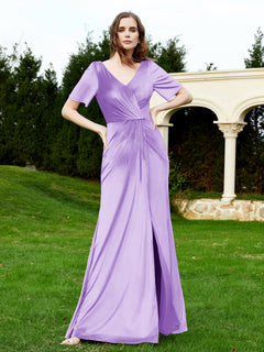 Half Sleeves Velvet Gown with Slit Lilac